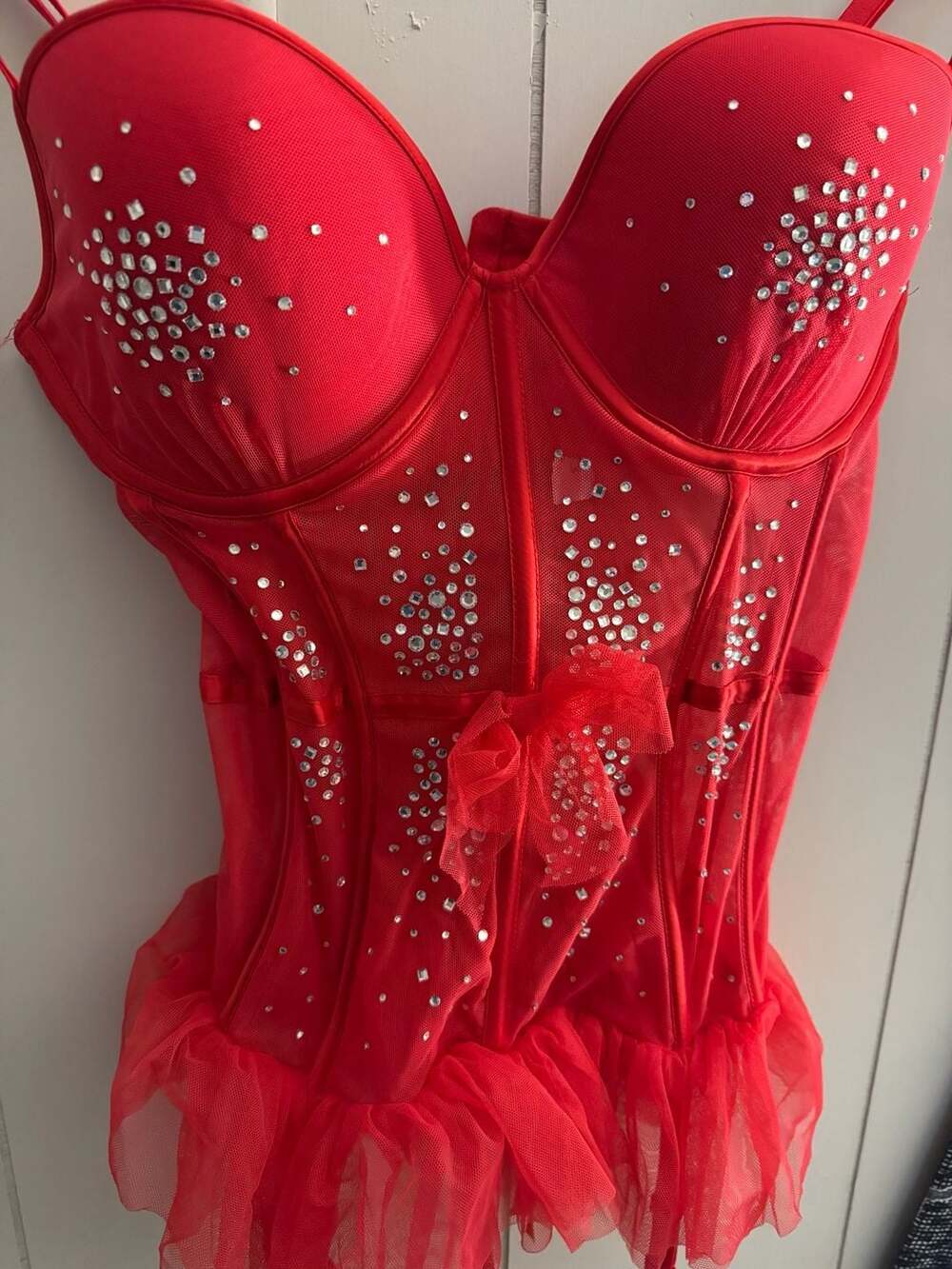 Victoria's Secret Red Rhinestone Mesh Bustier Corset with Garters - Picture 2 of 7